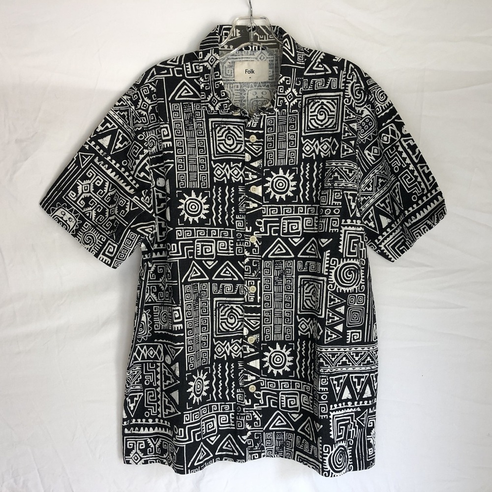 Folk Shirt Mens Medium Black Tribal Geometric Short Sleeve Button Front Print